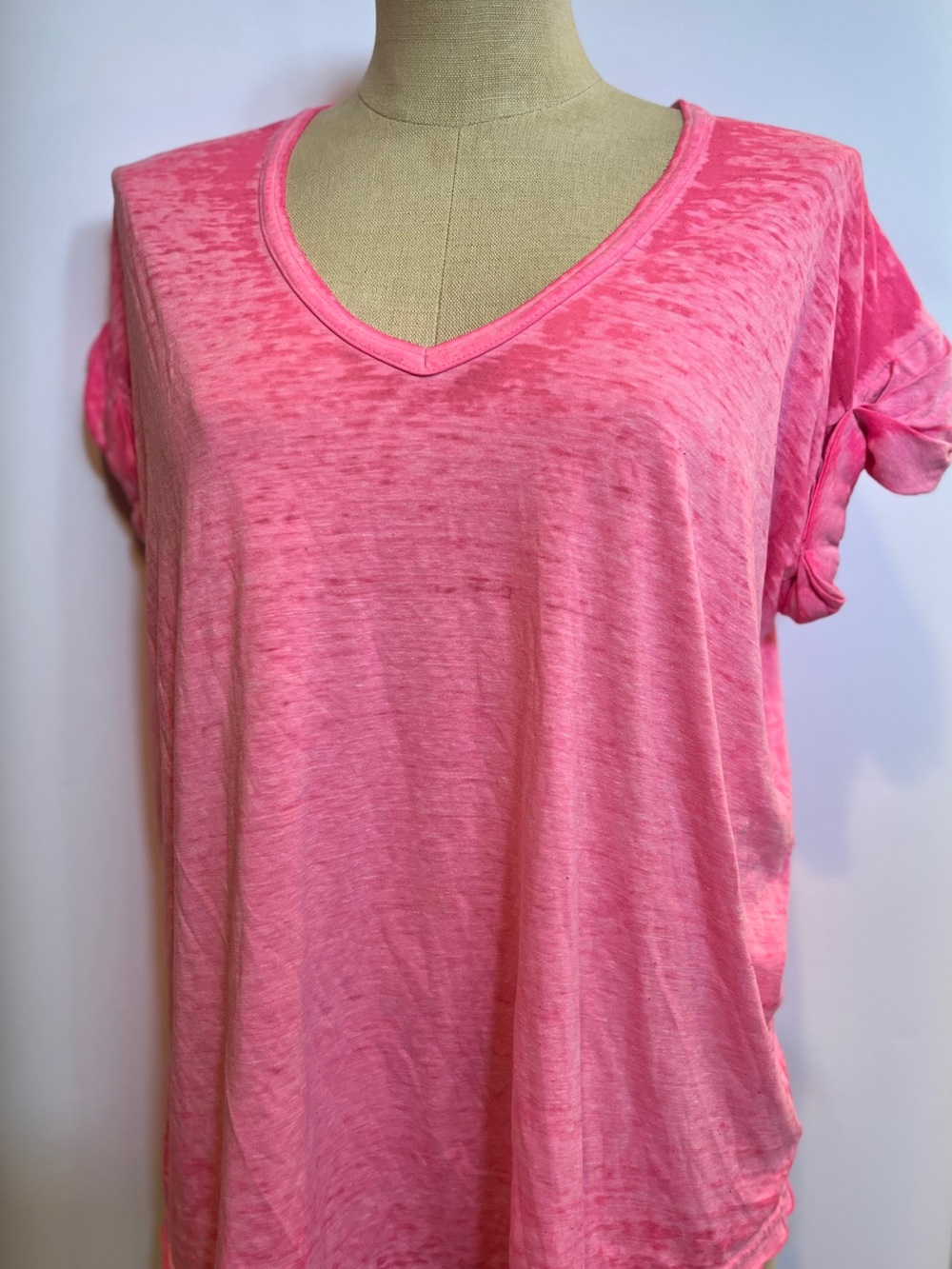 Free People FP Beach Pink Burnout V-Neck Tee Oversized Relaxed Top, XS